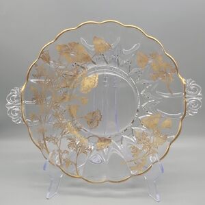 Elegant Gold Floral Glass Cake Plate Platter